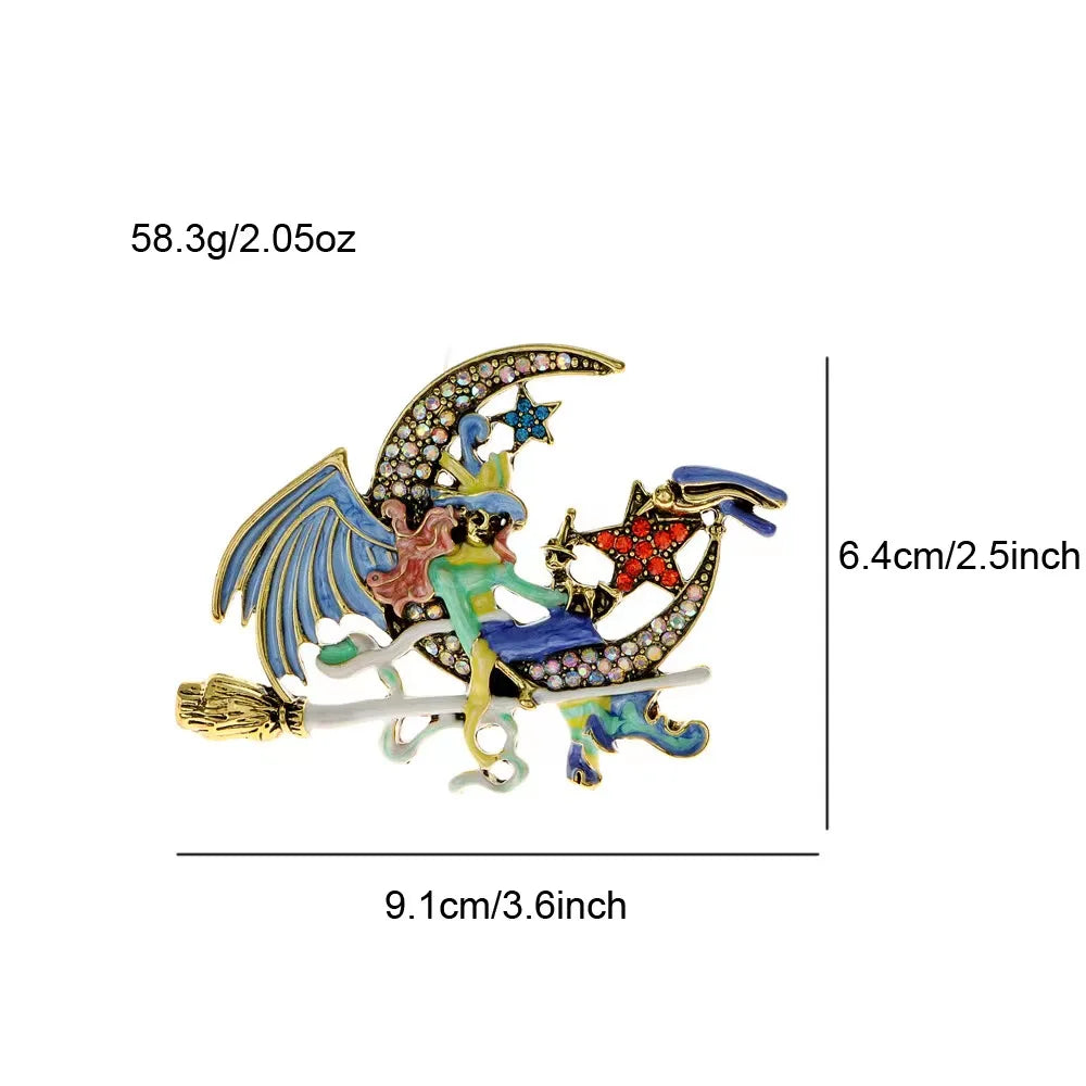 Enamel Witch on Moon Chest Pin Large Halloween Pin