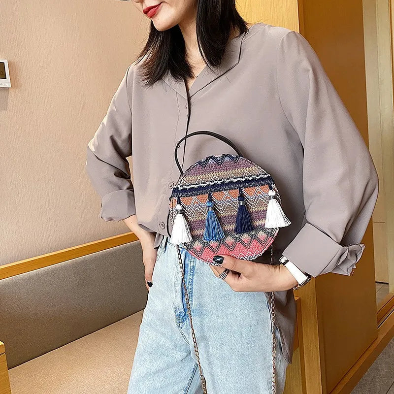Ethnic Style Round Handbags High PU Leather Women Crossbody Bags