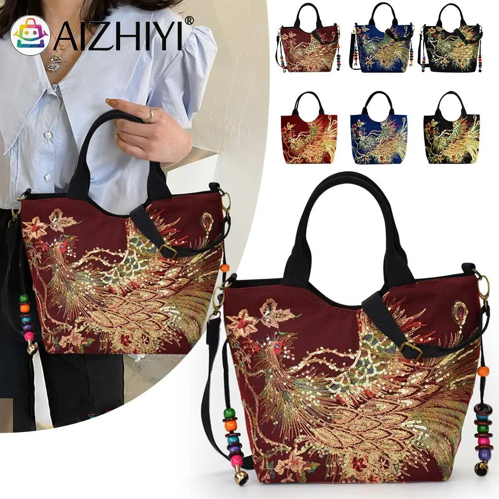 Ethnic Style Peafowl Embroidery Canvas Shoulder Bag