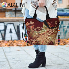 Ethnic Style Peafowl Embroidery Canvas Shoulder Bag