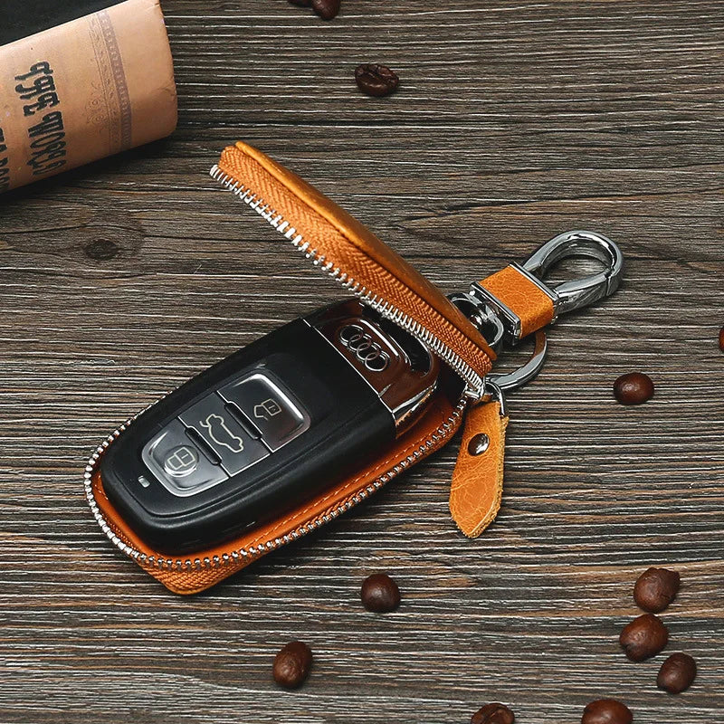European Vintage Leather Key Holder Zipper Key Bag
