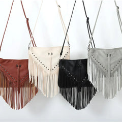 Rivet Fringe Tassel Messenger Bag Women Hobo Shoulder Bags Crossbody Handbag