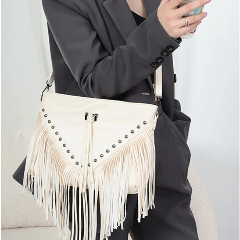 Rivet Fringe Tassel Messenger Bag Women Hobo Shoulder Bags Crossbody Handbag