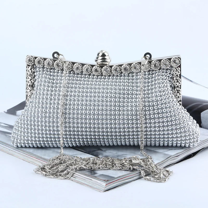Glitter Bead Evening Clutch Bag Vintage Bridal Purse Silver Handbag