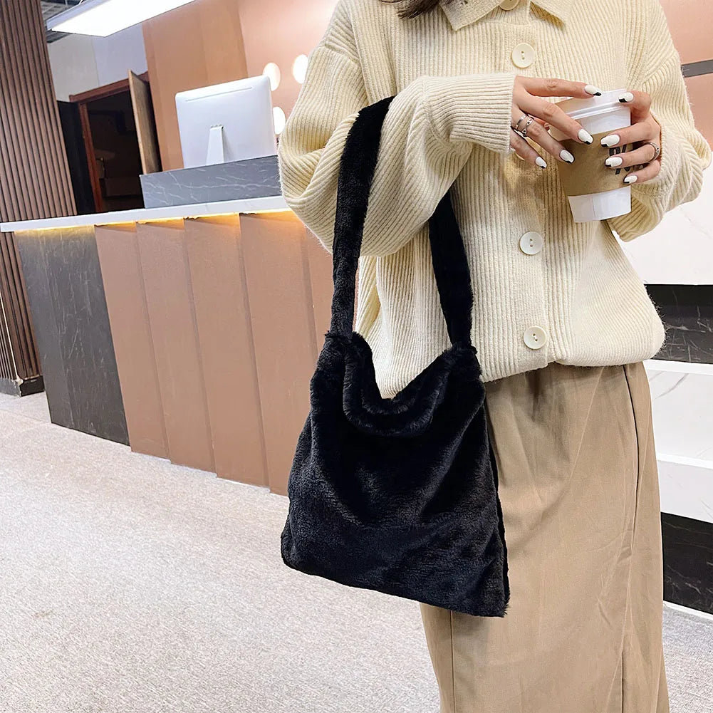 Plush Shoulder Shopping Bag Female Solid Plush Shoulder Bag