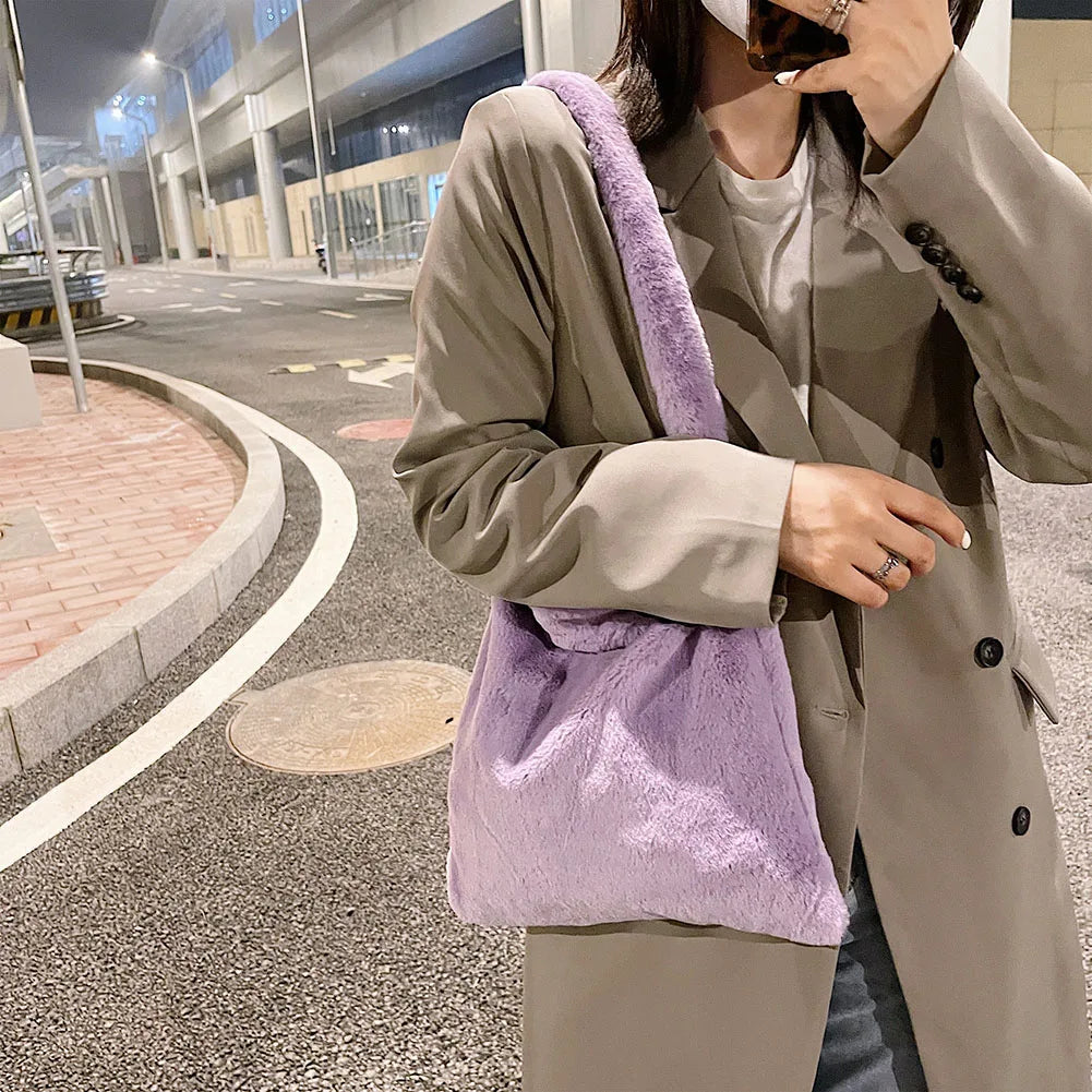 Plush Shoulder Shopping Bag Female Solid Plush Shoulder Bag