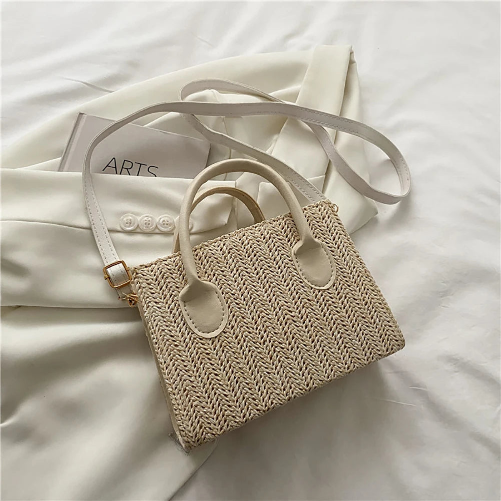 Women Straw Messenger Bag Beach Rattan Crossbody Bag Vintage Woven Handba