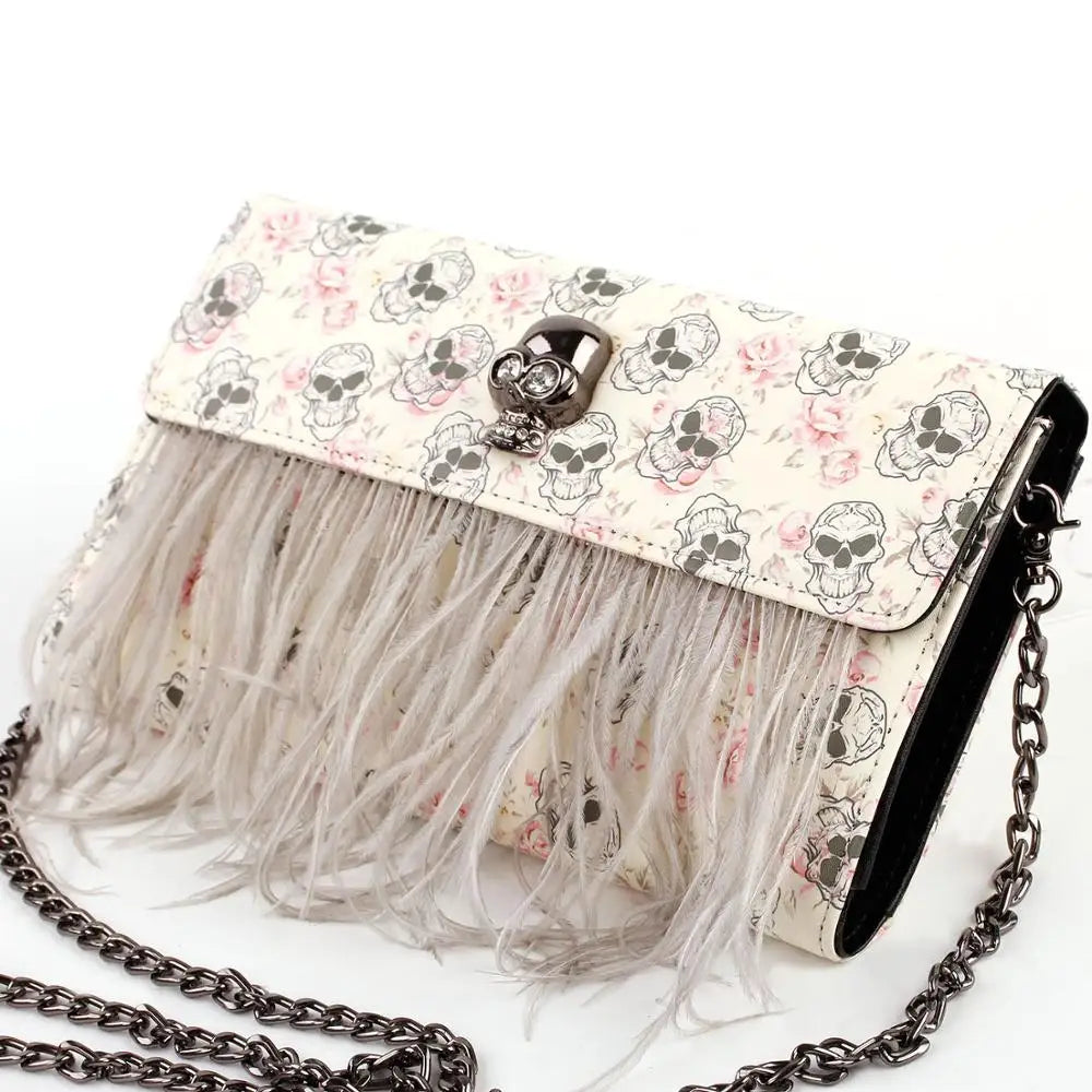 Punk Skull Feather Gems Clutch Handbag Bag