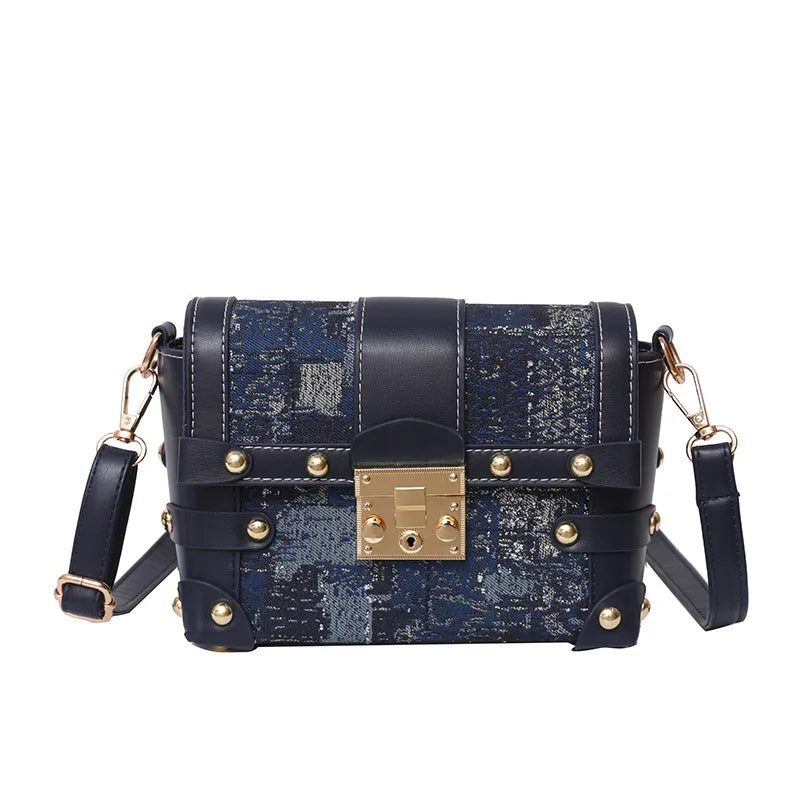 Rivets Small Women's Bag High Denim Pu Leather Patchwork Shoulder Bags