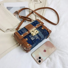 Rivets Small Women's Bag High Denim Pu Leather Patchwork Shoulder Bags