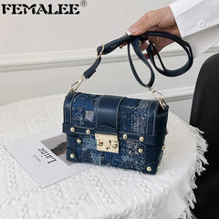 Rivets Small Women's Bag High Denim Pu Leather Patchwork Shoulder Bags