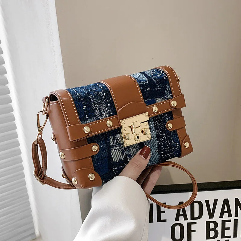 Rivets Small Women's Bag High Denim Pu Leather Patchwork Shoulder Bags