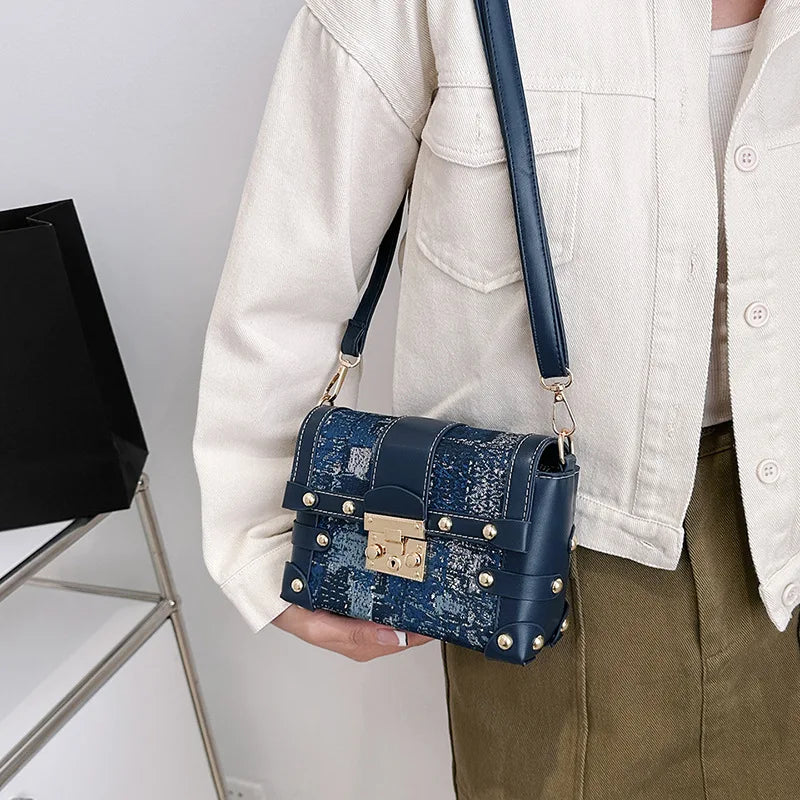 Rivets Small Women's Bag High Denim Pu Leather Patchwork Shoulder Bags