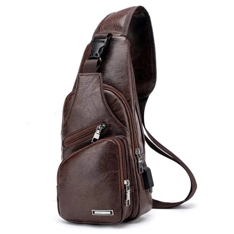 FGGS-Men's Chest Bag USB Crossbody Vintage Business Pouch Dark Brown