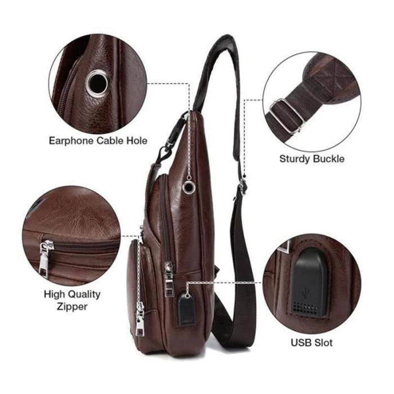 FGGS-Men's Chest Bag USB Crossbody Vintage Business Pouch Dark Brown