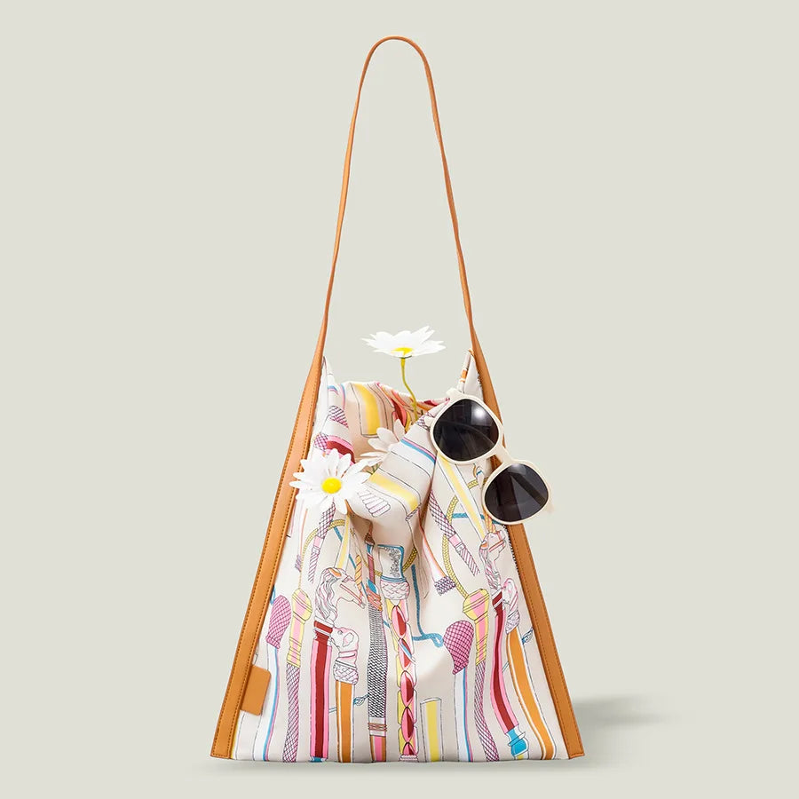Retro Silk Scarf Leather Shoulder Bag