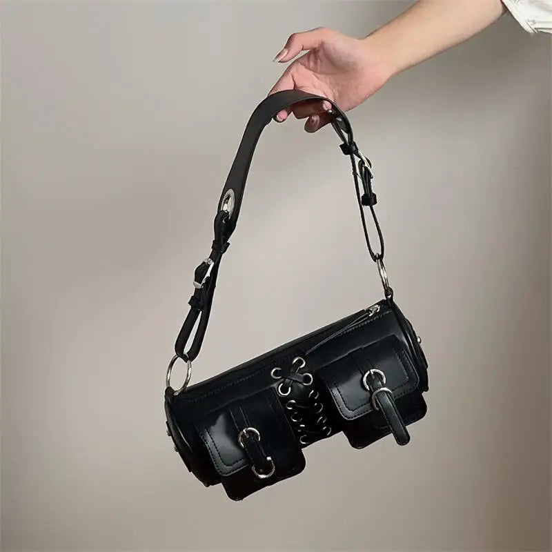 Stylish Wide Shoulder Underarm Cylinder Female Motorcycle Crossbody Bag