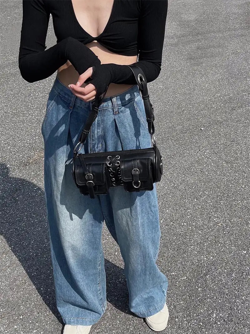 Stylish Wide Shoulder Underarm Cylinder Female Motorcycle Crossbody Bag