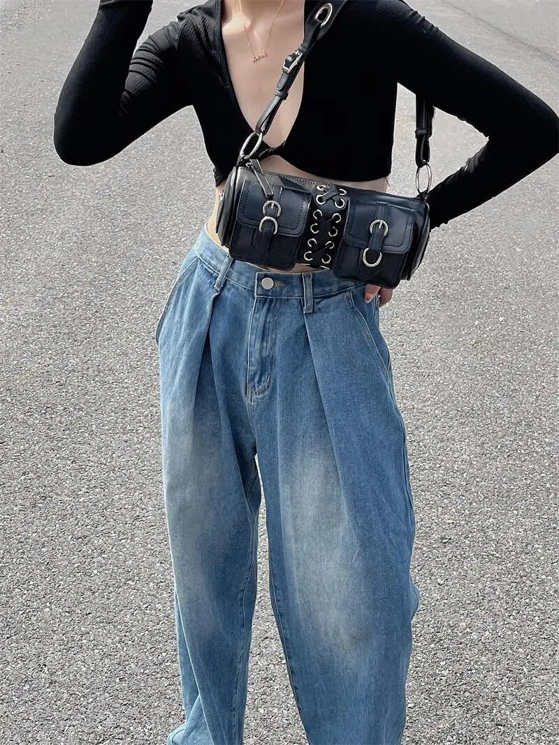 Stylish Wide Shoulder Underarm Cylinder Female Motorcycle Crossbody Bag