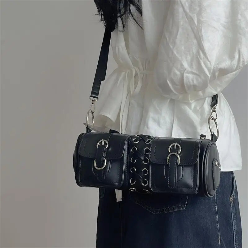 Stylish Wide Shoulder Underarm Cylinder Female Motorcycle Crossbody Bag