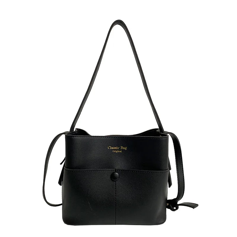 Large Capacity Bucket Bags PU Leather Shoulder Bags Solid Crossbody Bags