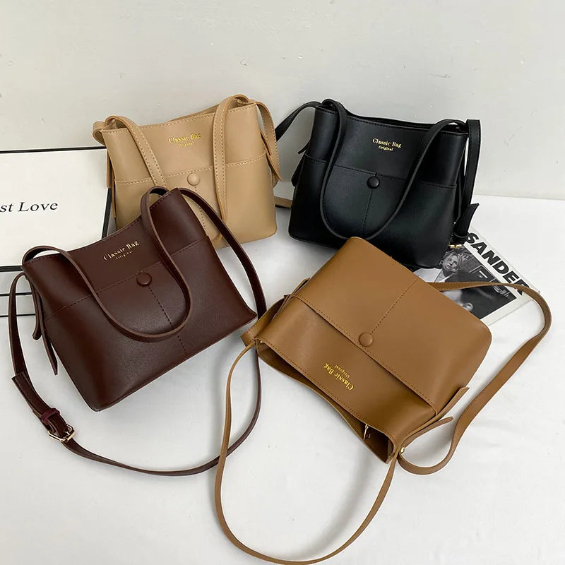 Large Capacity Bucket Bags PU Leather Shoulder Bags Solid Crossbody Bags