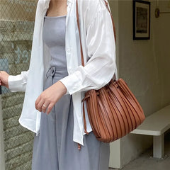 Women's PU Leather Bucket Shoulder Bag Soft Handbag