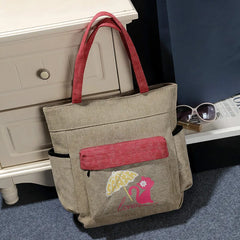 Casual Canvas Shoulder Bag with Cat Print