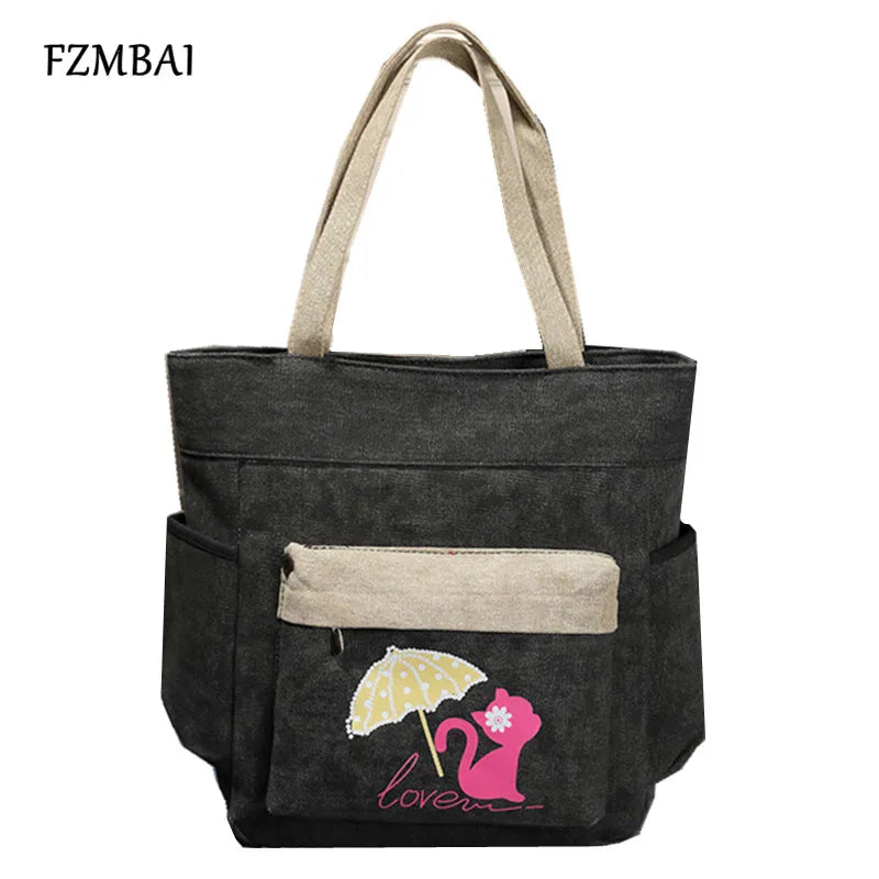 Casual Canvas Shoulder Bag with Cat Print