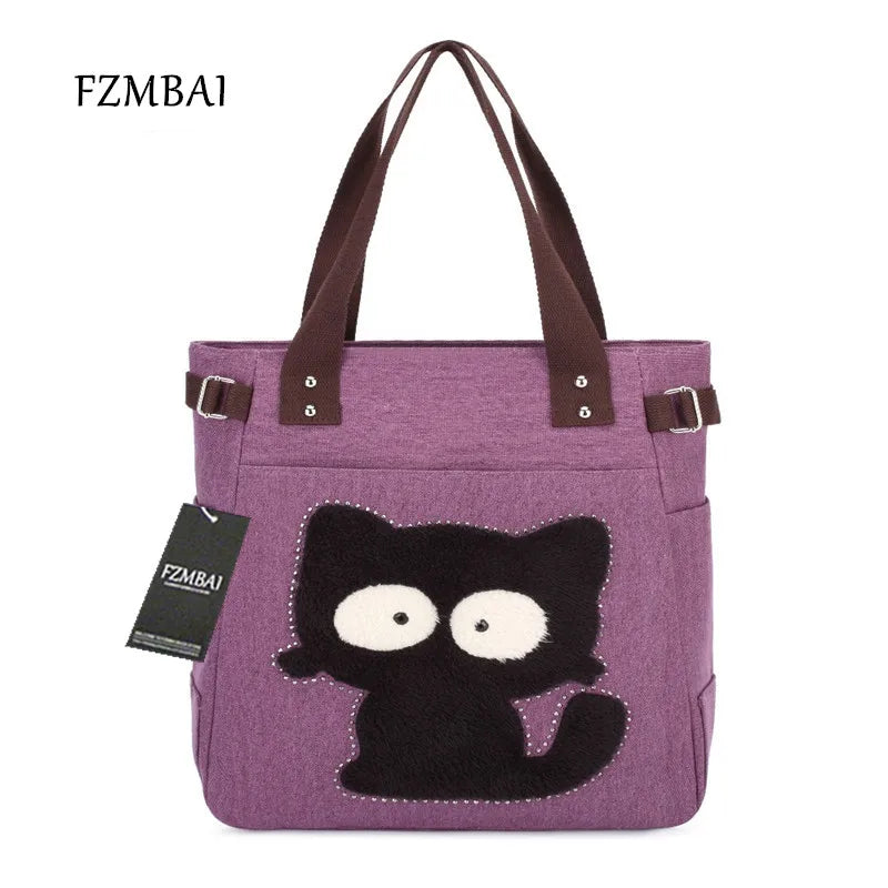 Canvas Women's Cat Applique Handbag with Diamonds Shoulder Bag Totes