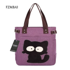 Canvas Women's Cat Applique Handbag with Diamonds Shoulder Bag Totes