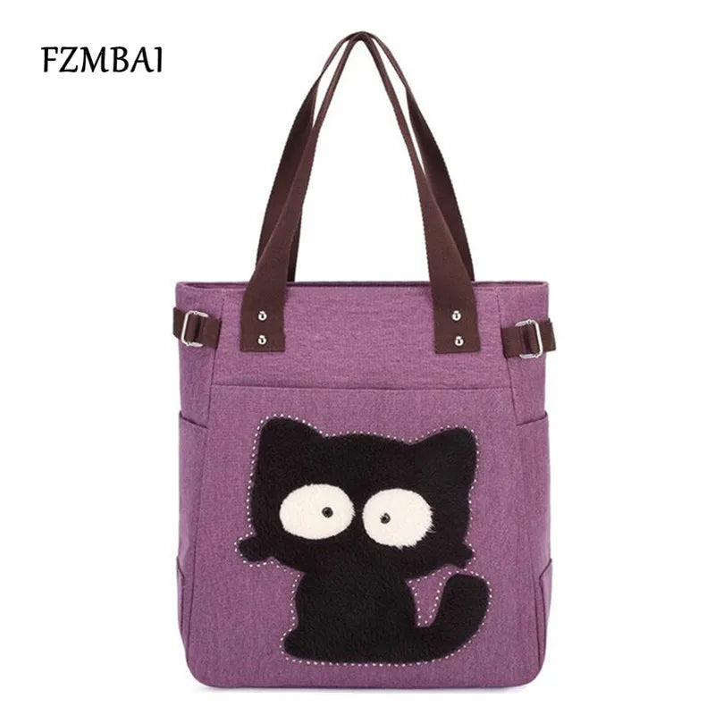 Canvas Women's Cat Applique Handbag with Diamonds Shoulder Bag Totes