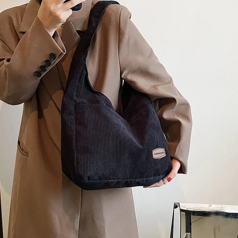 Corduroy Big Shoulder Bag for Women Winter Casual Style Shopper Handbag