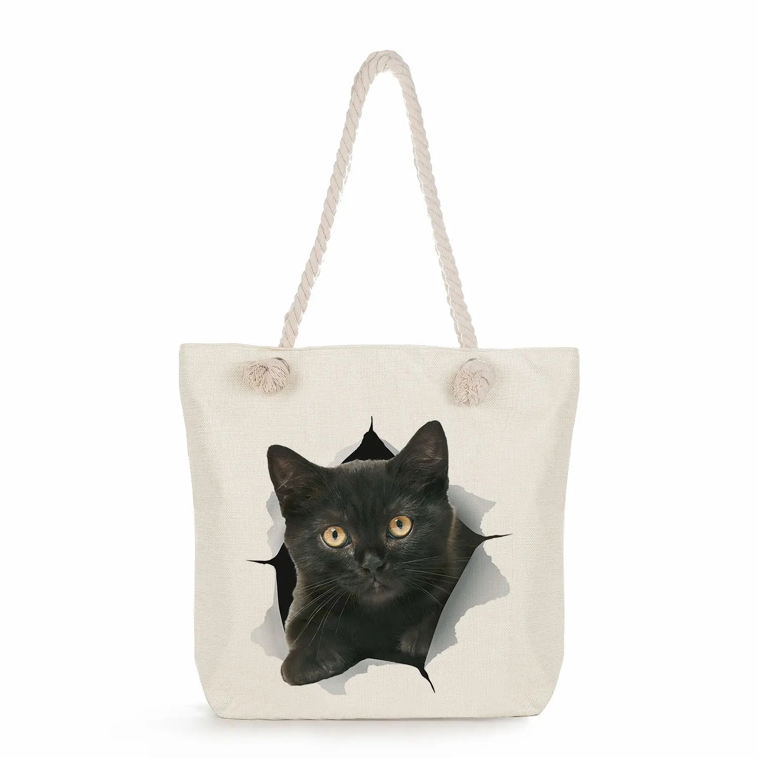 Fabric Shoulder Bag Grocery Tote Bags Cartoon Cat Print Women Shopping Bag