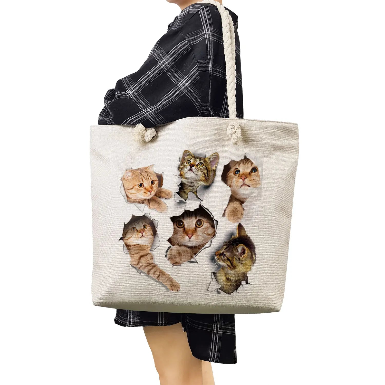 Fabric Shoulder Bag Grocery Tote Bags Cartoon Cat Print Women Shopping Bag