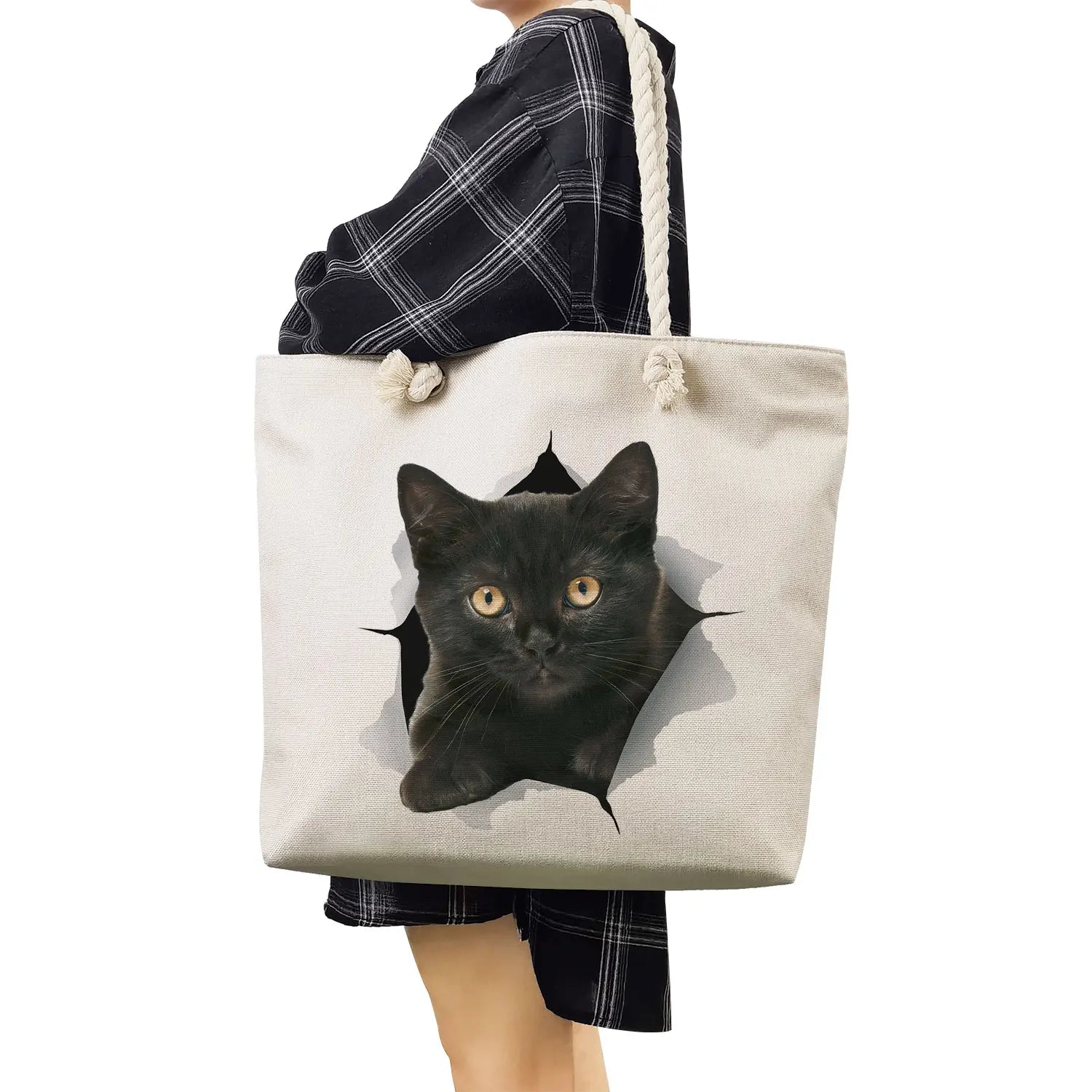 Fabric Shoulder Bag Grocery Tote Bags Cartoon Cat Print Women Shopping Bag