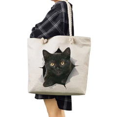 Fabric Shoulder Bag Grocery Tote Bags Cartoon Cat Print Women Shopping Bag