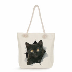 Fabric Shoulder Bag Grocery Tote Bags Cartoon Cat Print Women Shopping Bag