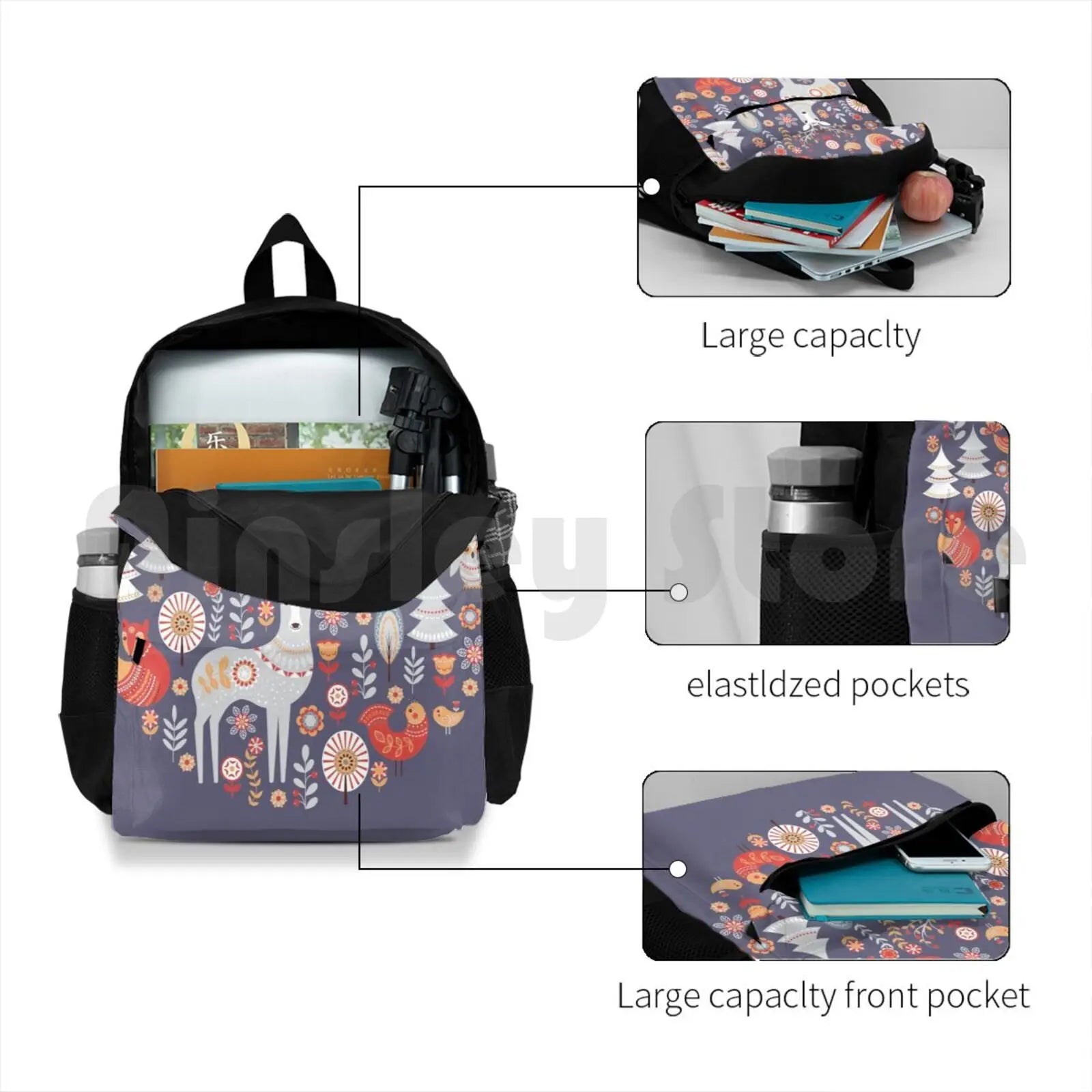 Fairy-Tale Forest Backpack with Foxes, Deer, Birds, Owls
