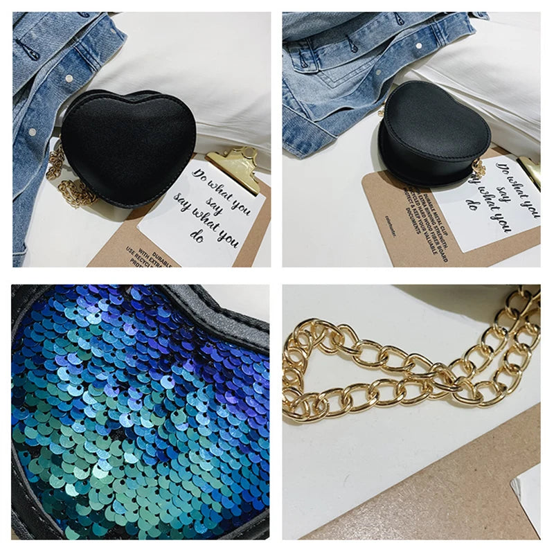 Heart Shape Cross Body Bag Women Mini Shoulder Purse Sequined Small