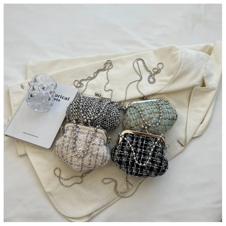Shell Shaped Clip Handbags Beads Chains Women Hand Bags PU Tweed Purses