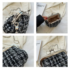 Shell Shaped Clip Handbags Beads Chains Women Hand Bags PU Tweed Purses