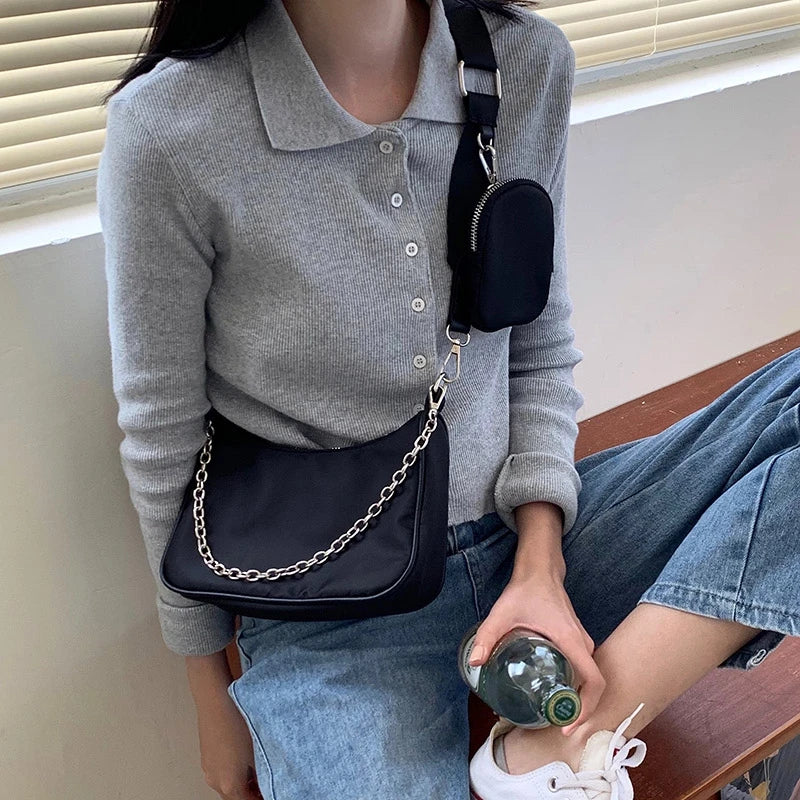 Vintage Nylon Chain Crossbody Bag Women Sport Shoulder