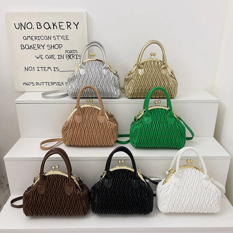 Handbag Vintage Small Tote Pleated Shoulder Bag Clutch Purses Crossbody