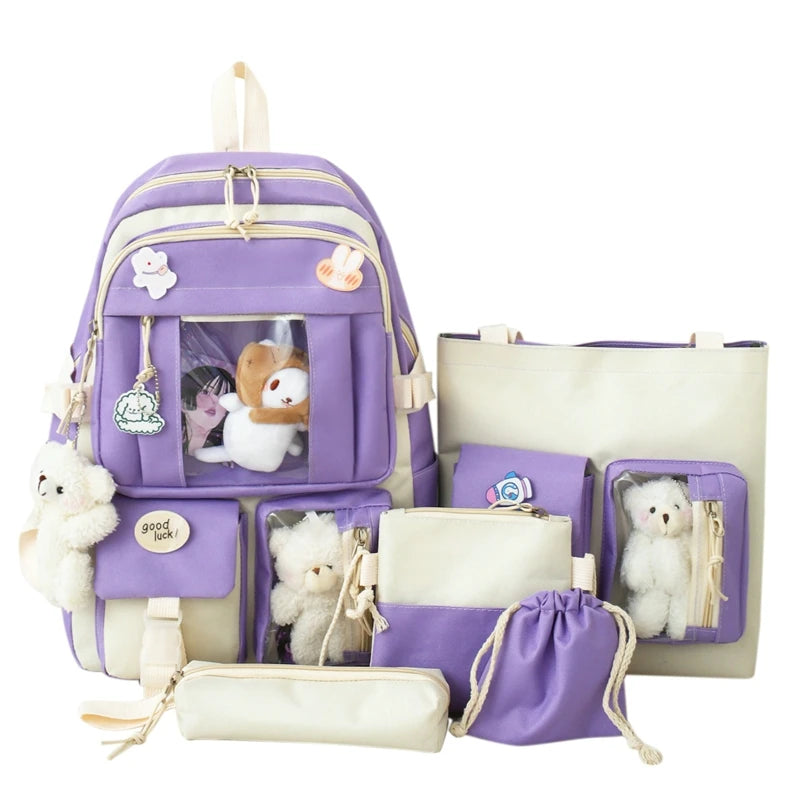 5 Piece Set Women Backpack Contrast School Bag Large Capacity Knapsack