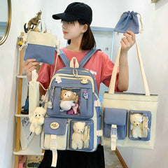 5 Piece Set Women Backpack Contrast School Bag Large Capacity Knapsack