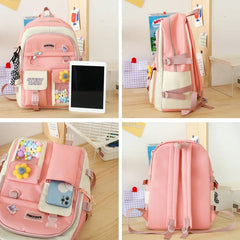 5 Piece Set Women Backpack Contrast School Bag Large Capacity Knapsack