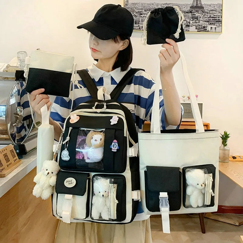 5 Piece Set Women Backpack Contrast School Bag Large Capacity Knapsack