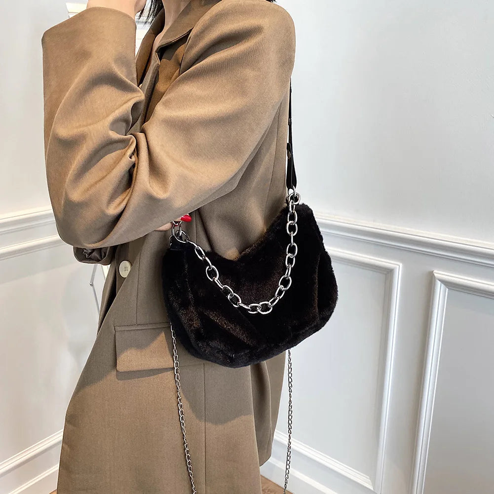 Plush Shoulder Crossbody Bag Purse Women Vintage Solid Travel Street Chain Casua
