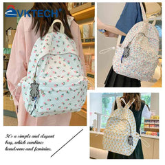 Floral Printed Bookbag Student Rucksack Nylon Daypack for Girls